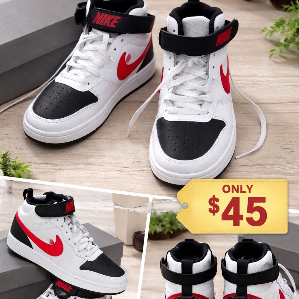 Nike Kids High-Top Sneakers in White, Black & Red